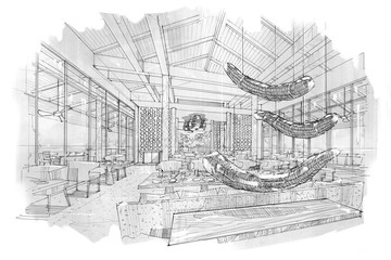 sketch stripes all day & restaurant , black and white interior design.