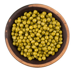 Green peas, in a bowl, isolated, white background.