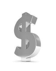 Isolated silver dollar sign on white background. American currency. Chrome silver economy symbol.  3D rendering.