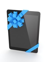 Black tablet with blue bow. 3D rendering.
