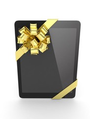 Black tablet with golden bow. 3D rendering.