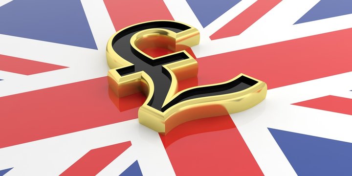 British pound symbol on a GB flag. 3d illustration	