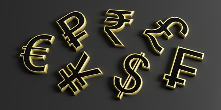 Various currency golden symbols on black background. 3d illustration