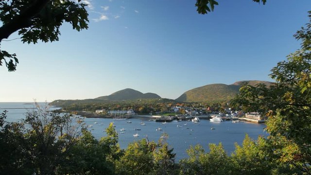 A morning locked down, wide view of Bar Harbor and the fall foliage of the surrounding hills.