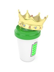 Coffee cup with  golden crown and battery on white background. Concept of luxury royal coffee. 3D rendering.