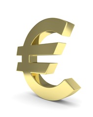 Isolated golden euro sign on white background. European currency. Concept of investment, european market, savings. Power, luxury and wealth. 3D rendering.