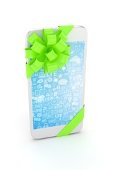 White phone with green bow and blue screen. 3D rendering.