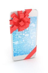 White phone with red bow and blue screen. 3D rendering.