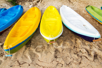 Colourful sea kayaks on the beach.Thailand