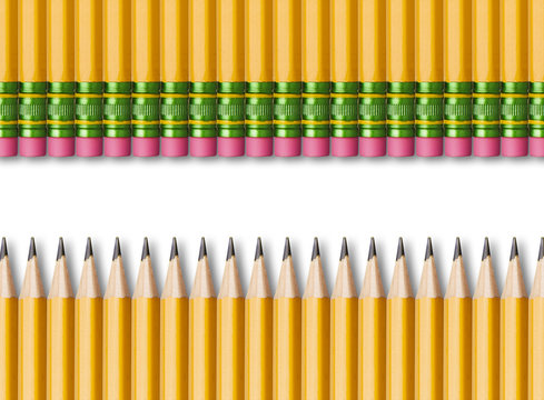 Row Of Yellow Pencils Isolated On White Background