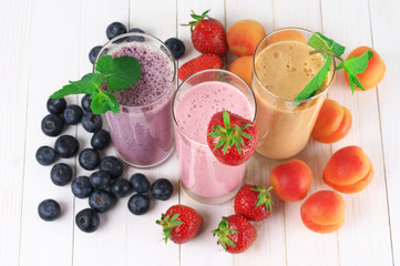 Various milkshakes with fruits