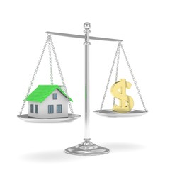 Isolated silver scales with golden dollar and house on white background. Investment or savings concept. Real estate and currency. 3D rendering.