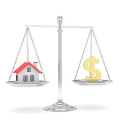 Isolated silver scales with golden dollar and house on white background. Investment or savings concept. Real estate and currency. 3D rendering.