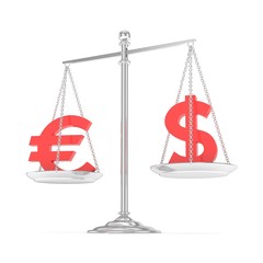 Isolated silver scales with red dollar and euro currency. American and european finance. Measuring of market stability. 3D rendering.