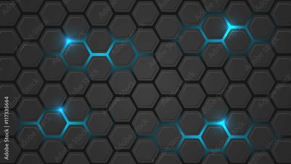 Poster dark vector illustration with a hexagonal pattern and blue backlight.
