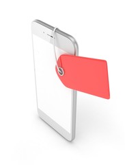 White smart phone with red price tag on white background. Identification, price, label. 3D rendering.