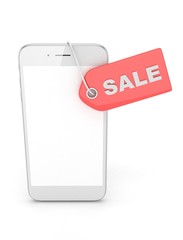 White smart phone with red price tag on white background. Identification, price, label. 3D rendering.