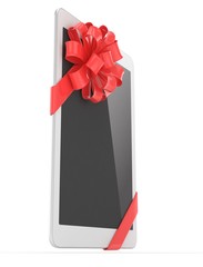 White tablet with red bow. 3D rendering.