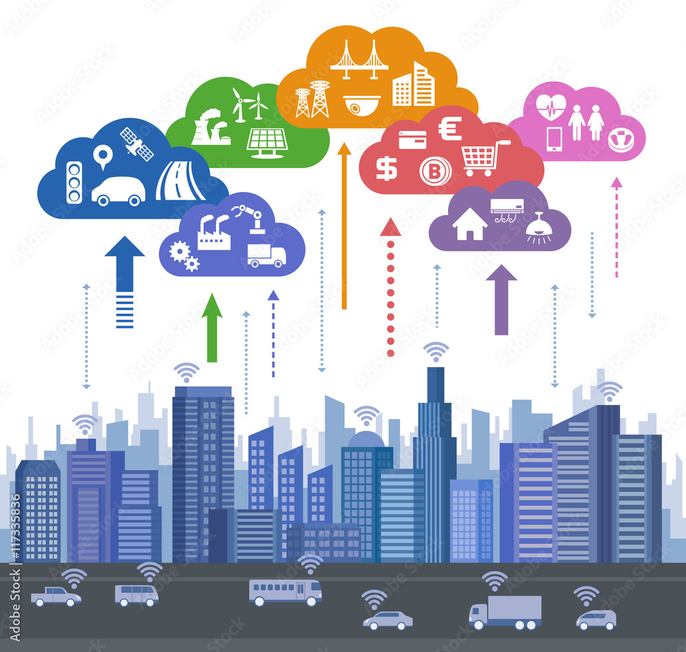 Poster cps (cyber physical system) concept image, various information upload to cloud and analytical data d