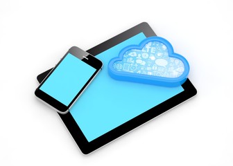 tablet pc, smart phone and cloud. 3d rendering.