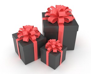three gift boxes with bows isolated on white. 3d rendering.