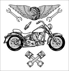 Vector biker set Hand drawn elements Repair Garage Motorcycle Biker Rider Freedom