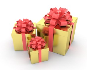 three gift boxes with bows isolated on white. 3d rendering.