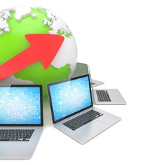 Laptop network around earth globe. 3d render