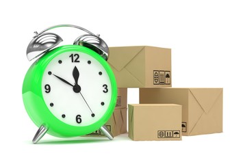 Package and alarm clock, delivery concept. 3d rendering.