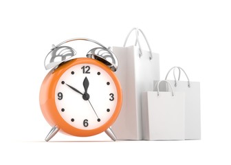 alarm clock and shopping bag (time to buy concept). 3d rendering.