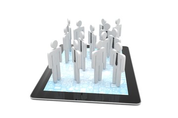 group of people figures on tablet PC. 3d rendering.