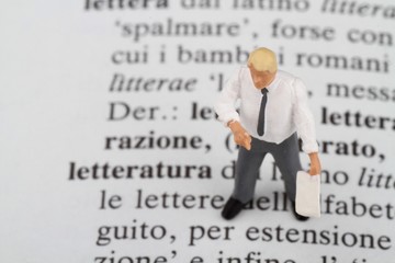 miniatura di insegnante sopra un libro di letteratura