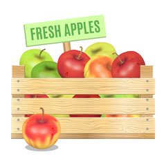 Fresh apples in a wooden box on a white background. Vector icon.