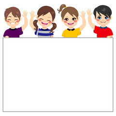 Four little kids holding blank banner waving hand saluting