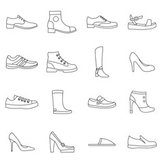 Shoe icons set in outline style. Men and women shoes set collection vector illustration