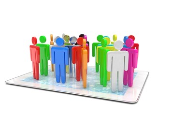 group of people figures on tablet PC. 3d rendering.