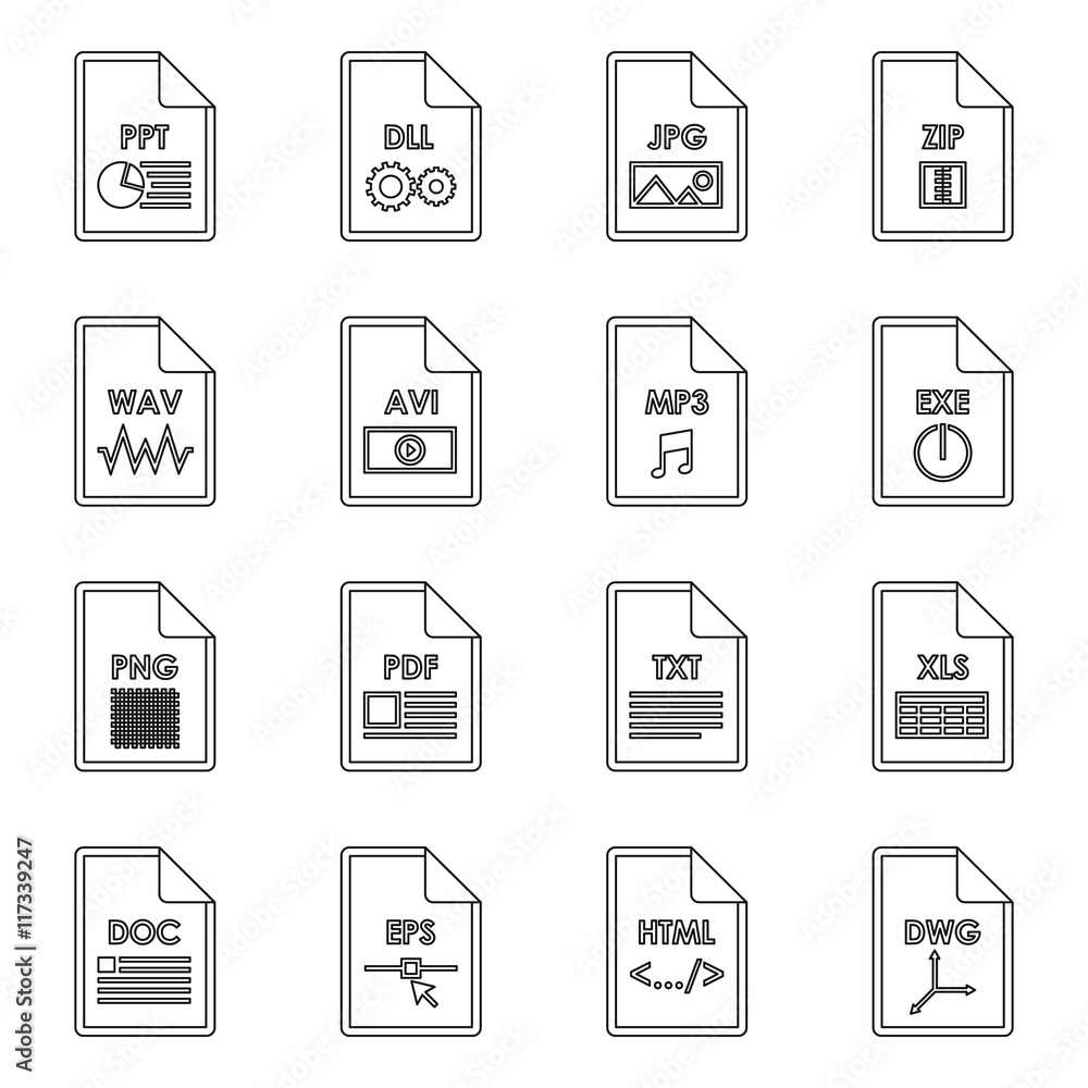 Poster file format icons set in outline style. file formats set collection vector illustration