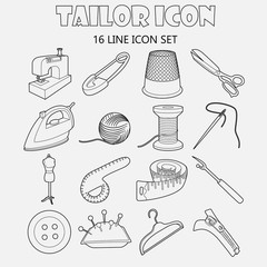 Tailor icons set in outline style, Sewing and needlework set collection vector illustration