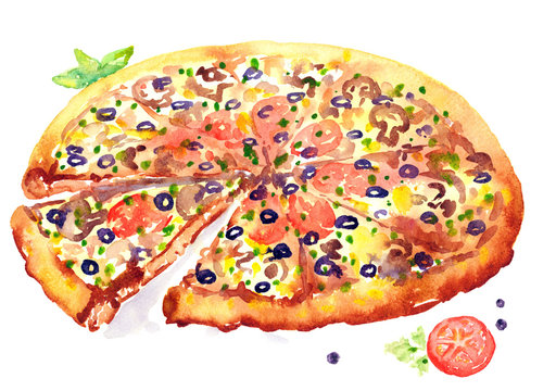 Hand Painted Watercolor Illustration "Pizza"