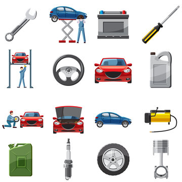 Car service icons set in cartoon style. Car repair service set collection vector illustration