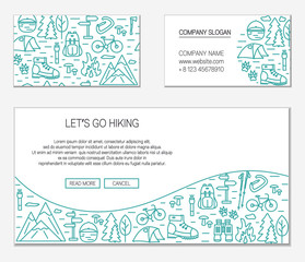 Outdoor and travel corporate identity templates. Set of vector cards with hiking line icons. Summer theme for banners, cards, flyers and web design.
