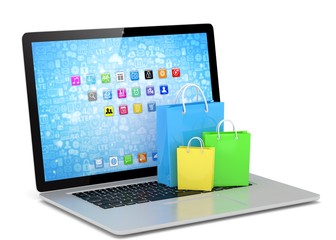 laptop and  shopping pags on white background. 3d rendering.
