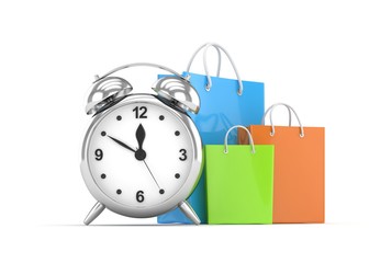 alarm clock and shopping bag (time to buy concept). 3d rendering.