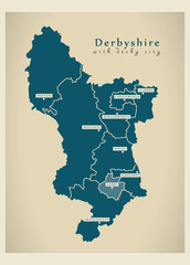 Modern Map - Derbyshire with Derby City and districts UK