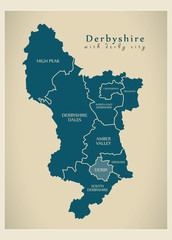 Modern Map - Derbyshire with Derby City and district details UK