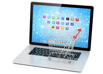 Shopping cart on laptop. 3d rendering.