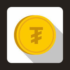 Coin Tugrik icon in flat style with long shadow. Monetary currency symbol