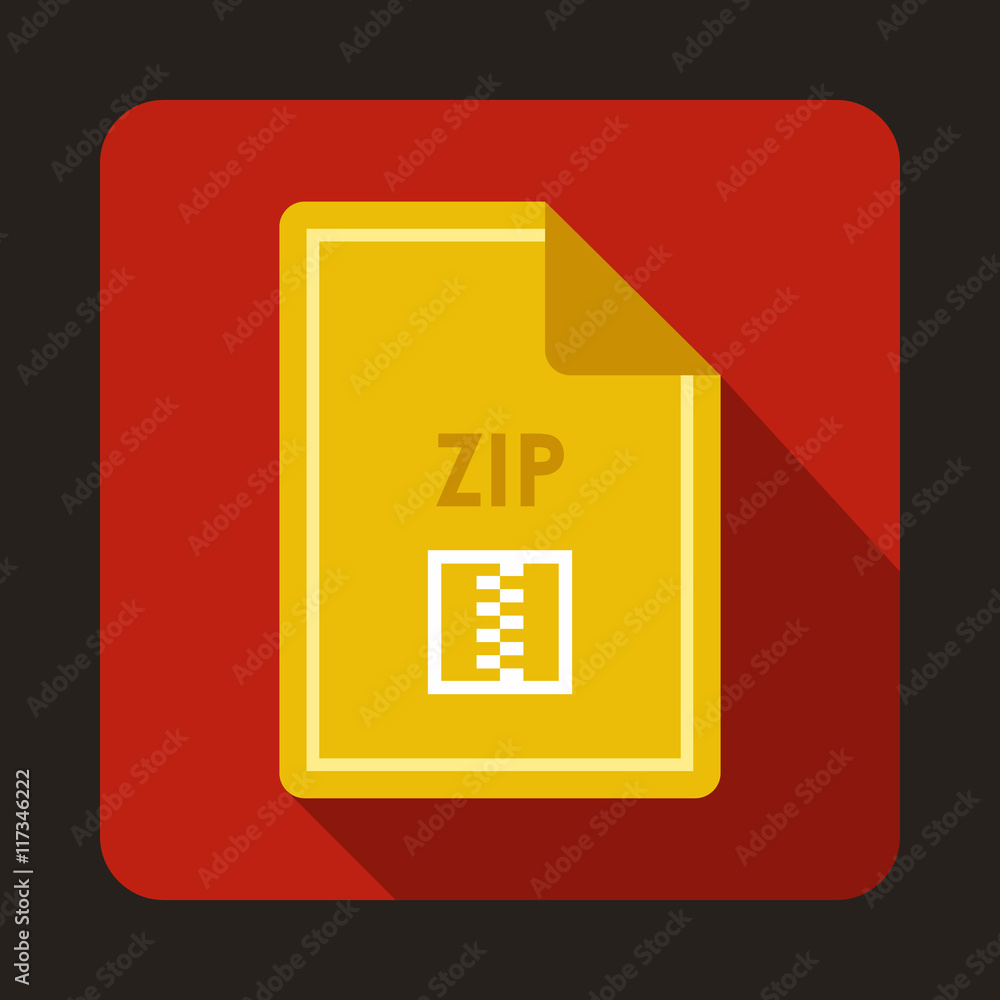 Poster file zip icon in flat style with long shadow. document type symbol