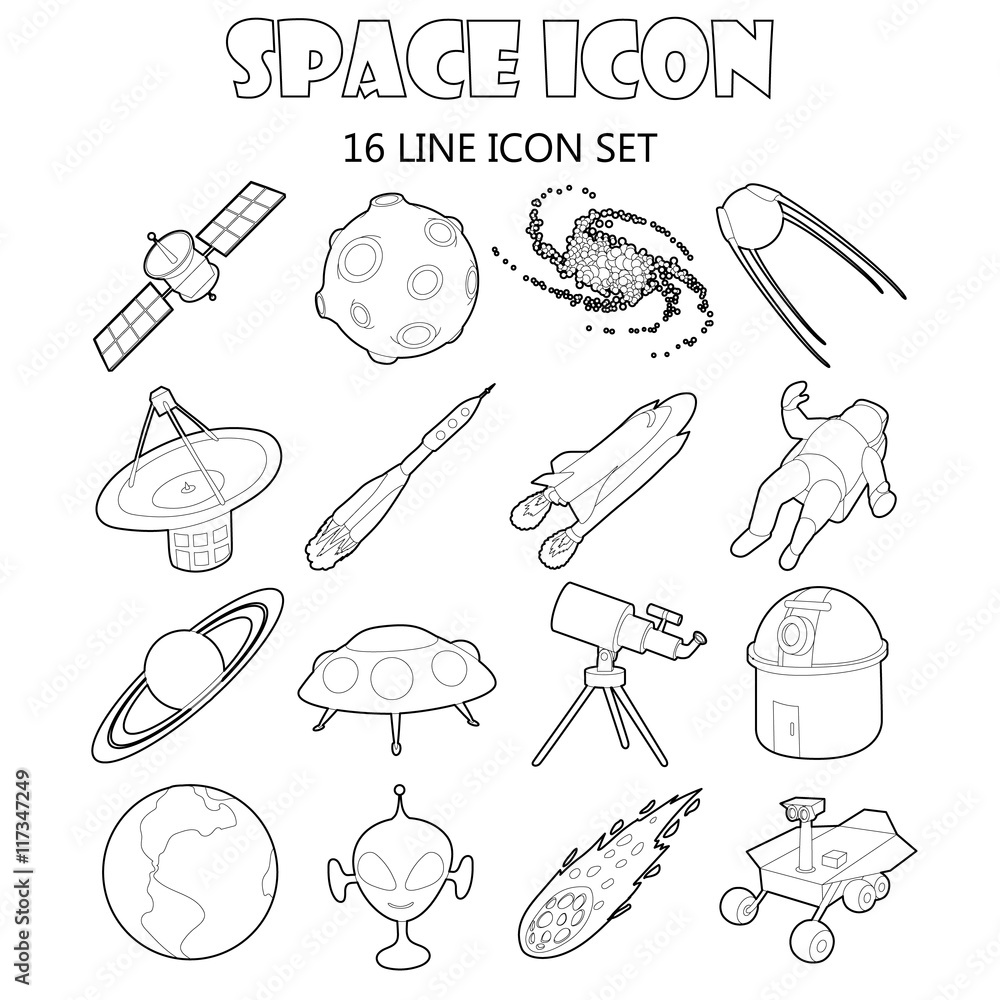 Poster space icons set in outline style. space and astronomy elements set collection vector illustration