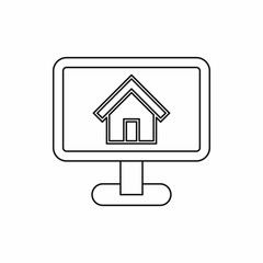 Monitor with picture home icon in outline style isolated on white background. Construction symbol